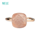 MELE Natural rose quarts silver ring , light pink color, cushion 10mm*10mm ,checkboard cutting, fashion jewelry ring