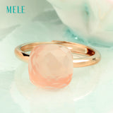MELE Natural rose quarts silver ring , light pink color, cushion 10mm*10mm ,checkboard cutting, fashion jewelry ring