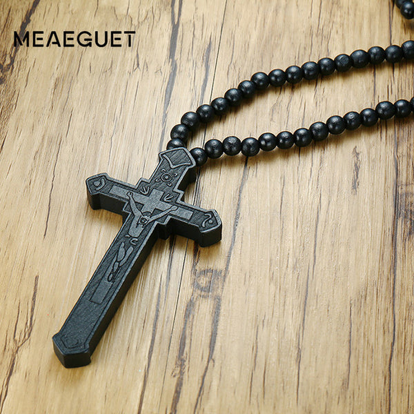 Meaeguet Large Wood Catholic Jesus Cross With Wooden Bead Carved Rosary Pendant Long Collier Statement Necklace Men Jewelry