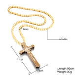 Meaeguet Large Wood Catholic Jesus Cross With Wooden Bead Carved Rosary Pendant Long Collier Statement Necklace Men Jewelry