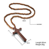 Meaeguet Large Wood Catholic Jesus Cross With Wooden Bead Carved Rosary Pendant Long Collier Statement Necklace Men Jewelry