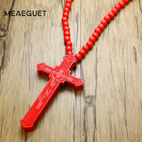 Meaeguet Large Wood Catholic Jesus Cross With Wooden Bead Carved Rosary Pendant Long Collier Statement Necklace Men Jewelry