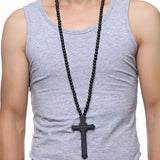 Meaeguet Large Wood Catholic Jesus Cross With Wooden Bead Carved Rosary Pendant Long Collier Statement Necklace Men Jewelry