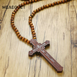 Meaeguet Large Wood Catholic Jesus Cross With Wooden Bead Carved Rosary Pendant Long Collier Statement Necklace Men Jewelry