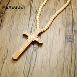 Meaeguet Large Wood Catholic Jesus Cross With Wooden Bead Carved Rosary Pendant Long Collier Statement Necklace Men Jewelry