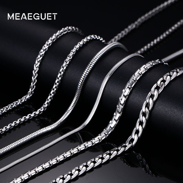 Meaeguet Trendy 20inch Silver Color Stainless Steel Link Chain Necklace For Men Snake/Box/Hanging/Curb/Flat/Twist Chain