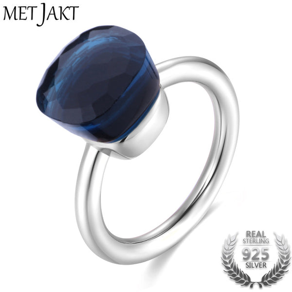 MetJakt Fashion Blue Topaz Ring and Natural Agate Solid 925 Sterling Silver Rings for Women's Wedding Party Best Fine Jewelry