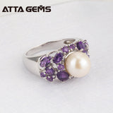 Natural Freshwater Pearl Amethyst Silver Ring Women Round 8.5mm Natural Amethyst Purple Quarts Special Design Top Quality