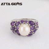 Natural Freshwater Pearl Amethyst Silver Ring Women Round 8.5mm Natural Amethyst Purple Quarts Special Design Top Quality