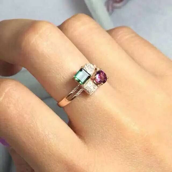 Natural  tourmaline ring Natural gemstone ring S925 sterling silver ring trendy Elegant Square energy women gift Jewelry