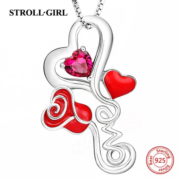 New arrival 925 sterling silver love heart rose chain pendant necklace with enamel&CZ diy fashion jewelry factory supply giftS