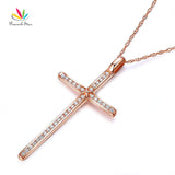 Peacock Star Fine 14K Rose Gold Cross Pendant Necklace 0.3 Ct Diamonds