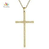 Peacock Star Fine 14K Yellow Gold Cross Pendant Necklace 0.3 Ct Diamonds