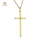 Peacock Star Fine 14K Yellow Gold Cross Pendant Necklace 0.3 Ct Diamonds