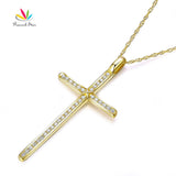 Peacock Star Fine 14K Yellow Gold Cross Pendant Necklace 0.3 Ct Diamonds