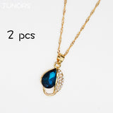 Peacock blue Zircon Crystal Leaves shape Alloy Gold Chain Pendant&Necklace For Women Elegant Wedding Jewelry Accessories Gift