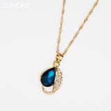 Peacock blue Zircon Crystal Leaves shape Alloy Gold Chain Pendant&Necklace For Women Elegant Wedding Jewelry Accessories Gift