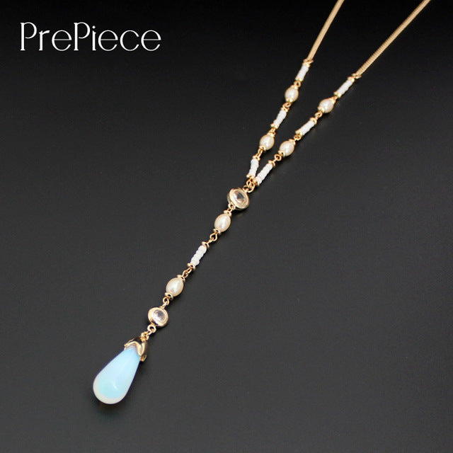 PrePiece Gold Color Moonstone Imitation Pearl Pendant Beaded Necklace 2017 New Design European Jewelry For Women Bijoux PN0671