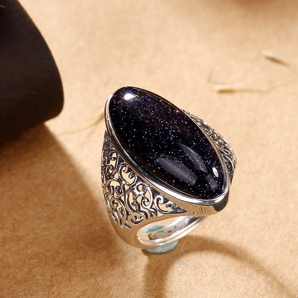 Rings for Women 925 Sterling Silver Fine Jewelry Vintage Blue Sandstone Statement Openwork For Party Elegant Finger Gift