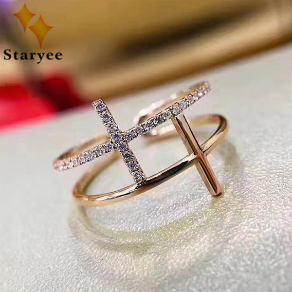 STARYEE Elegant Double Cross Style VS H Natural Diamond Women Engagement Rings Real 18K Solid Rose Gold Jewelry Au750 Stamp