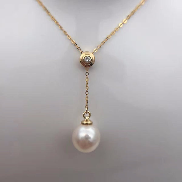 Sinya 18k Au750 gold necklace inlay 0.023ct real Diamond with 9mm natural pearls Y style necklace for women girls fine jewelry