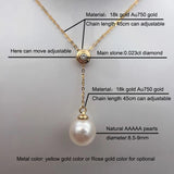 Sinya 18k Au750 gold necklace inlay 0.023ct real Diamond with 9mm natural pearls Y style necklace for women girls fine jewelry