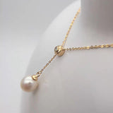 Sinya 18k Au750 gold necklace inlay 0.023ct real Diamond with 9mm natural pearls Y style necklace for women girls fine jewelry