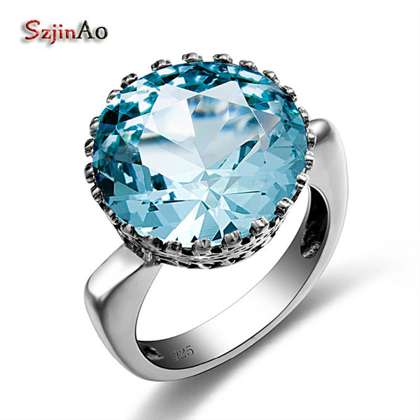 Szjinao Bud Shape Fashion Vintage Aquamarine Romantic Big Rings for Women Wedding Engagement 925 silver Luxury Brand Jewelry