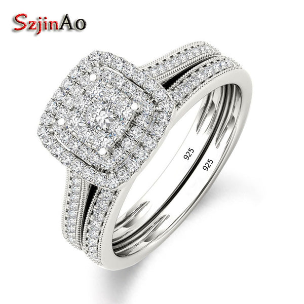 Szjinao Luxury Brand 925 Sterling Silver Bridal Set Ring for Women with Paved Micro Lab Diamond Platinum Color Wedding Jewelry