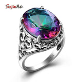 Szjinao Sale Charm Punk Heart Solid 925 Sterling Silver Jewelry Mystic Rainbow Topaz Ring For Women Valentine Day Gifts Party