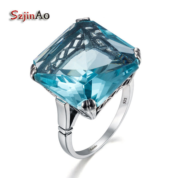 Szjinao Wholesale High quality Jewelry Vintage Solid 925 Sterling Silver Rings for Women Square Blue Aquamarine Big gift
