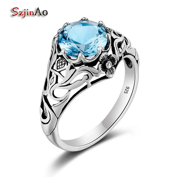Szjinao Wholesale Punk High Quality 2.1ct Aquamarine 925 Sterling Silver Rings for Women Vintage Luxury Brand Jewelry China