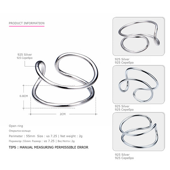 Tardoo Sterling Silver Women's Rings Trendy Minimalist C Shape Open Skeleton Classic Cuff Adjustable Rings Silver 925 Jewelry