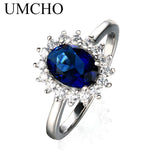 UMCHO Luxury Blue Sapphire 6*8mm Princess Diana Rings Genuine 925 Sterling Silver Engagement Rings For Women Wedding Jewelry