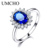 UMCHO Luxury Blue Sapphire 6*8mm Princess Diana Rings Genuine 925 Sterling Silver Engagement Rings For Women Wedding Jewelry