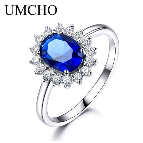 UMCHO Luxury Blue Sapphire 6*8mm Princess Diana Rings Genuine 925 Sterling Silver Engagement Rings For Women Wedding Jewelry