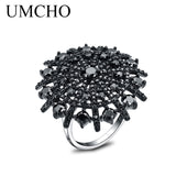 UMCHO Natural Gemstone Black Spinel Ring Solid 925 Sterling Silver Female Cluster  Rings For Women Round  Fine Jewelry Gift