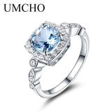 UMCHO  Real S925 Sterling Silver Rings for Women Blue Topaz Ring Gemstone Aquamarine Cushion  Romantic Gift Engagement Jewelry