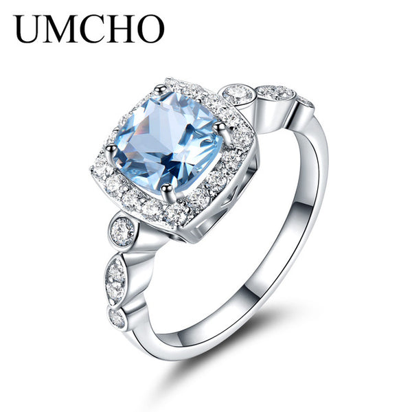 UMCHO  Real S925 Sterling Silver Rings for Women Blue Topaz Ring Gemstone Aquamarine Cushion  Romantic Gift Engagement Jewelry