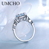 UMCHO  Real S925 Sterling Silver Rings for Women Blue Topaz Ring Gemstone Aquamarine Cushion  Romantic Gift Engagement Jewelry