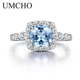 UMCHO  Real S925 Sterling Silver Rings for Women Blue Topaz Ring Gemstone Aquamarine Cushion  Romantic Gift Engagement Jewelry