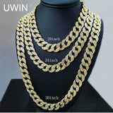 UWIN Iced Out Bling Rhinestone Crystal Goldgen Finish Miami Cuban Link Chain Men's Hip hop Necklace Jewelry 20, 24, 30 ,36 Inch