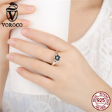 VOROCO HOT SELL Floral Flower Silver Ring For Woman Clear CZ Round Stone Female Rings 925 Sterling Silver Jewelry anillos P7154