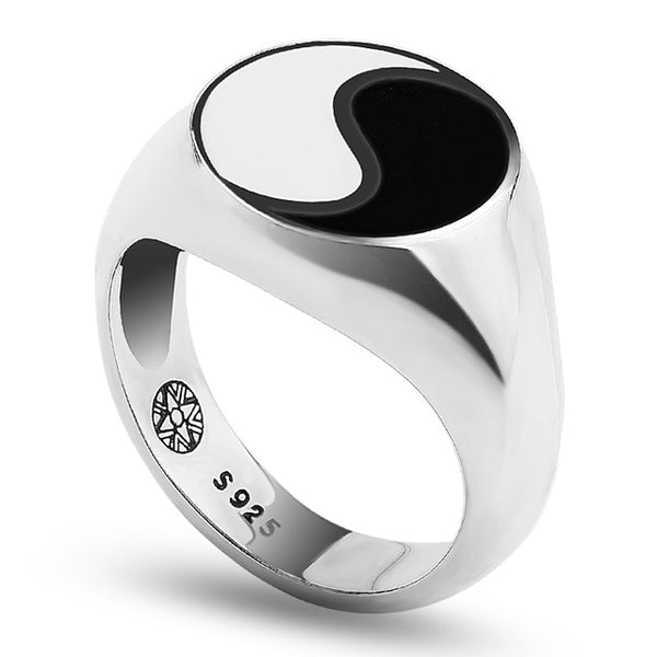 Vintage 925 Sterling Silver Tai Chi Yin Yang Ring White and Black Enamel Asian Ring Jewelry For Men and Women