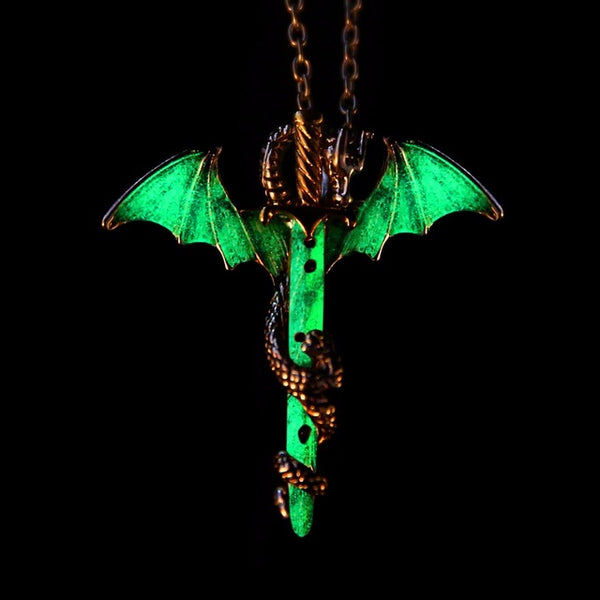 Vintage Glow in the Dark Chain Necklaces Shellhard Luminous Sword Dragon Pendant Necklace For  Mens Punk Jewelry