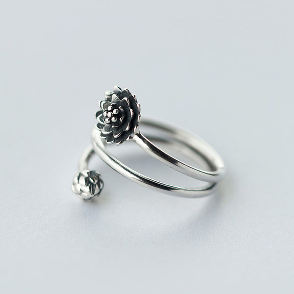 Vintage REAL.Solid 925 Sterling Silver  Fine jewelry 3-rows/ Multi-layers Lotus Flower &Bub Ring Namaste Yoga J911-