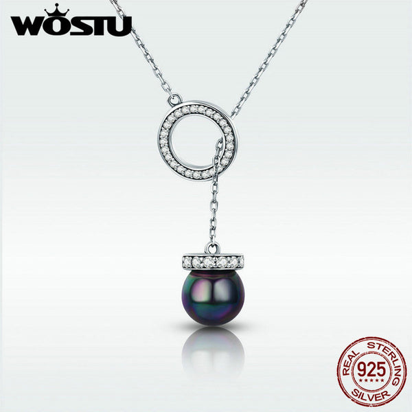 WOSTU Hot Fashion 100% 925 Sterling Silver Lucky Circle & Black Pearl Pendant Necklace For Women S925 Silver Jewelry Gift DXN200