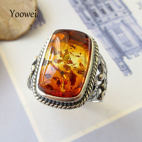 Yoowei Baltic Amber Rings for Unisex Cool Stunning Genuine Natural Amber Stone Trendy Antique Silver Jewelry Punk Wedding Rings