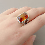 Yoowei Baltic Amber Rings for Unisex Cool Stunning Genuine Natural Amber Stone Trendy Antique Silver Jewelry Punk Wedding Rings