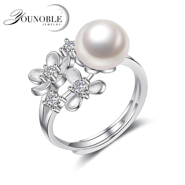 YouNoble Real Natural Freshwater Pearl Rings,Wedding 925 Silver for women Jewelry Adjustable Girl Birthday Gift White Pink Rings